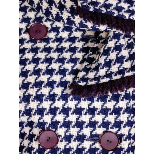 Vintage Navy Blue & White Houndstooth Wool Suit Boxy Jacket 1960s 40-26-37