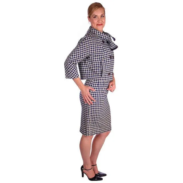 Vintage Navy Blue & White Houndstooth Wool Suit Boxy Jacket 1960s 40-26-37