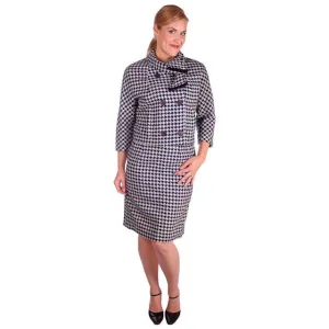 Vintage Navy Blue & White Houndstooth Wool Suit Boxy Jacket 1960s 40-26-37