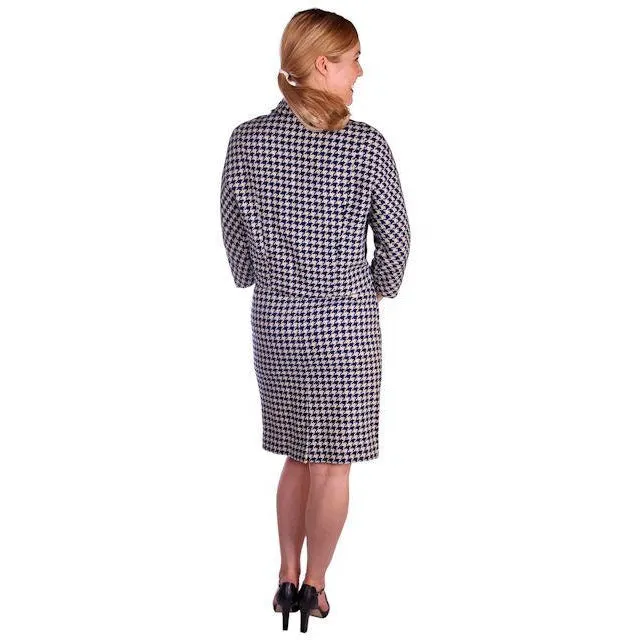 Vintage Navy Blue & White Houndstooth Wool Suit Boxy Jacket 1960s 40-26-37
