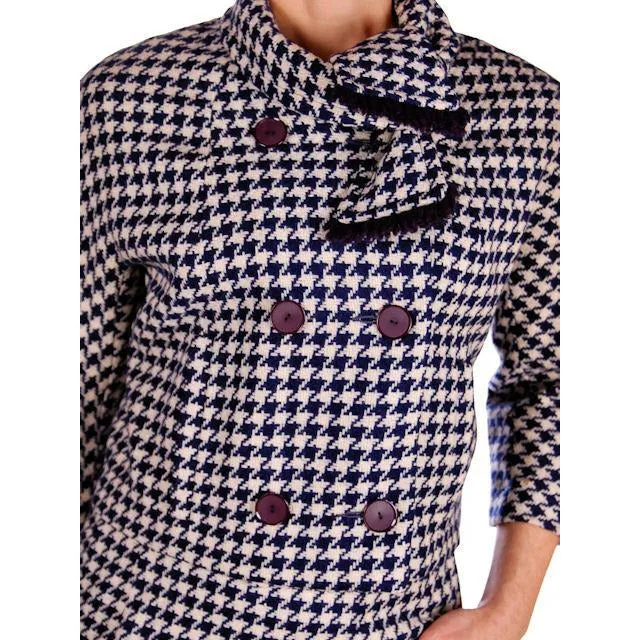Vintage Navy Blue & White Houndstooth Wool Suit Boxy Jacket 1960s 40-26-37