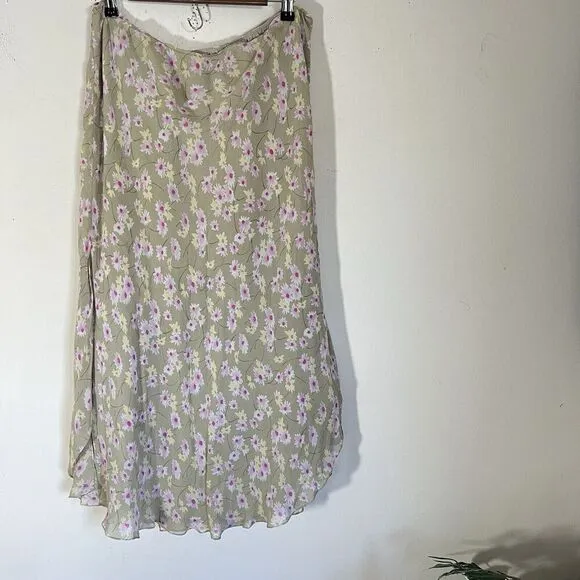 Vintage Skirt Plus Sz 16 Ditsy Floral Green Pink Midi Coquette Asymmetrical Silk
