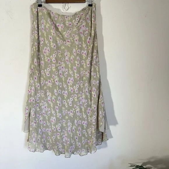 Vintage Skirt Plus Sz 16 Ditsy Floral Green Pink Midi Coquette Asymmetrical Silk
