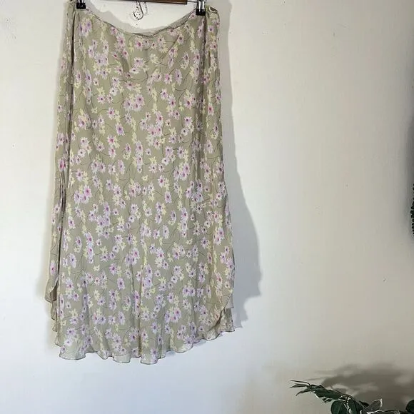 Vintage Skirt Plus Sz 16 Ditsy Floral Green Pink Midi Coquette Asymmetrical Silk