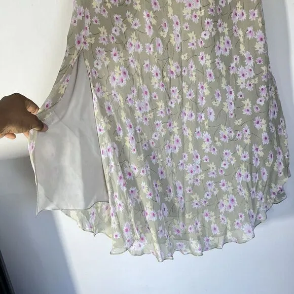 Vintage Skirt Plus Sz 16 Ditsy Floral Green Pink Midi Coquette Asymmetrical Silk