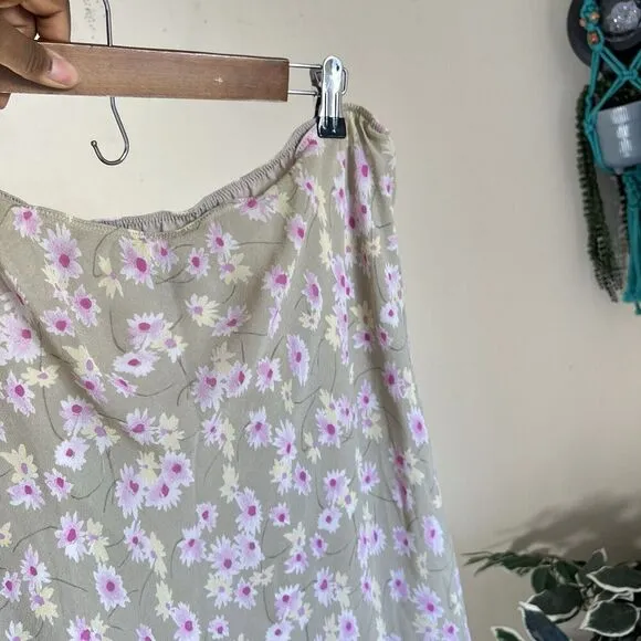 Vintage Skirt Plus Sz 16 Ditsy Floral Green Pink Midi Coquette Asymmetrical Silk