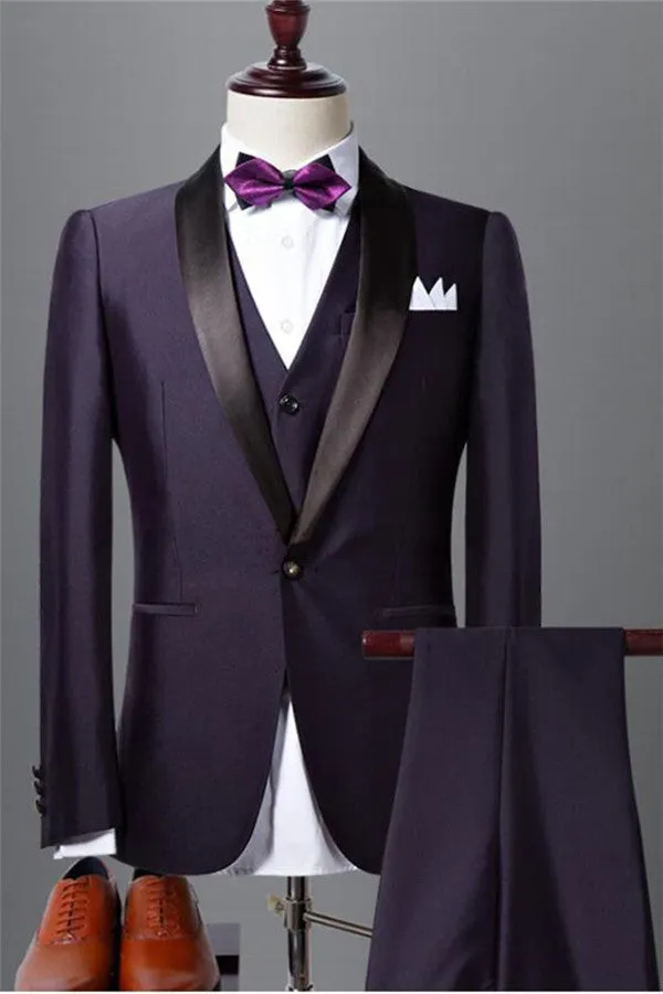 Well-cut Dark Purple Shawl Lapel Black Wedding Tuxedo Bespoke Prom Dress Suit Three-pieces