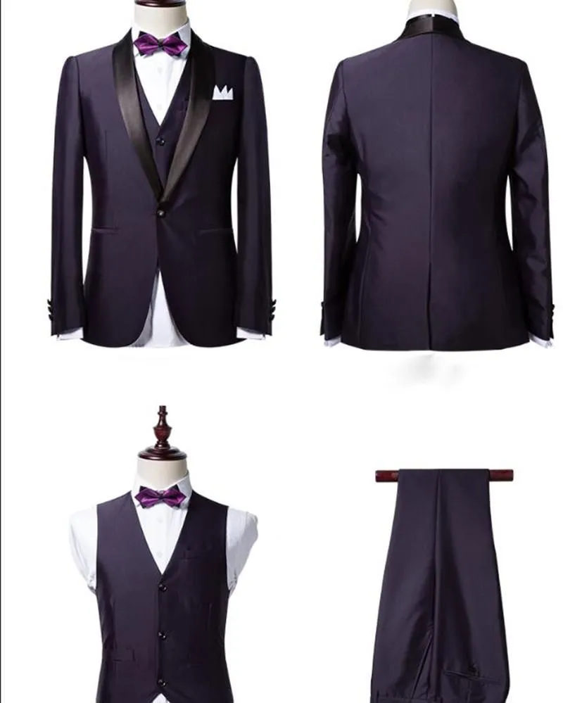 Well-cut Dark Purple Shawl Lapel Black Wedding Tuxedo Bespoke Prom Dress Suit Three-pieces