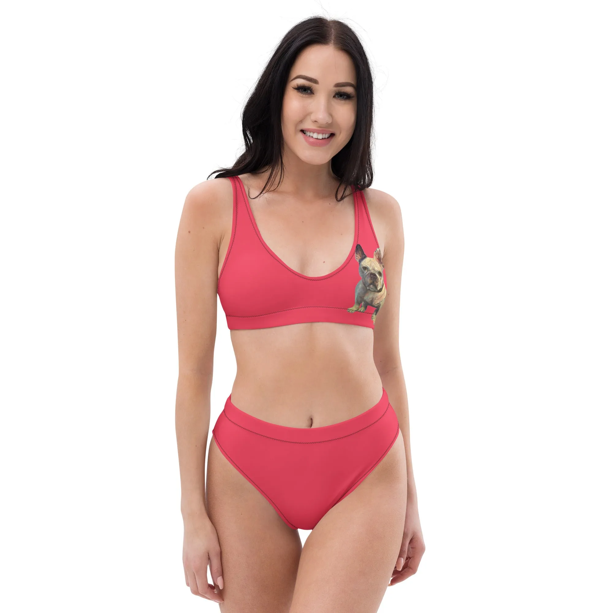 Whimsy Fit Black high-waisted bikini with White French Bulldog