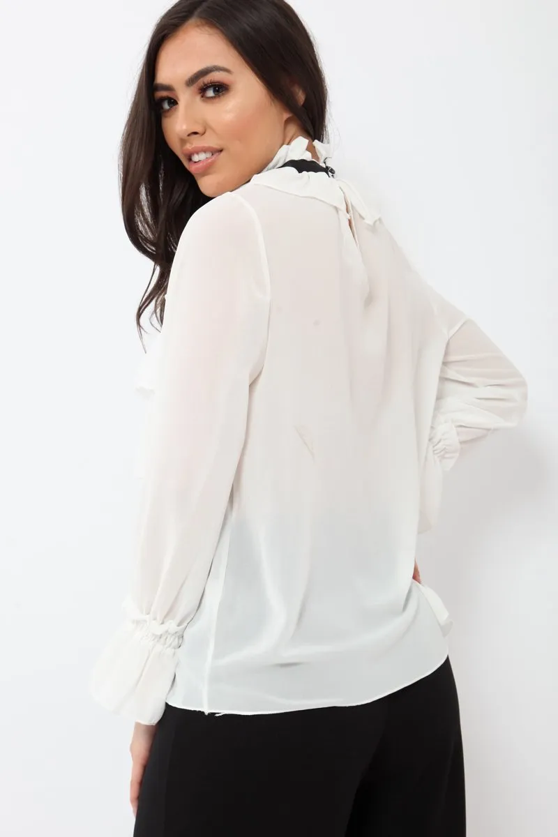 White Sheer Ruffle Blouse with Striped Neck Tie - Viktoria