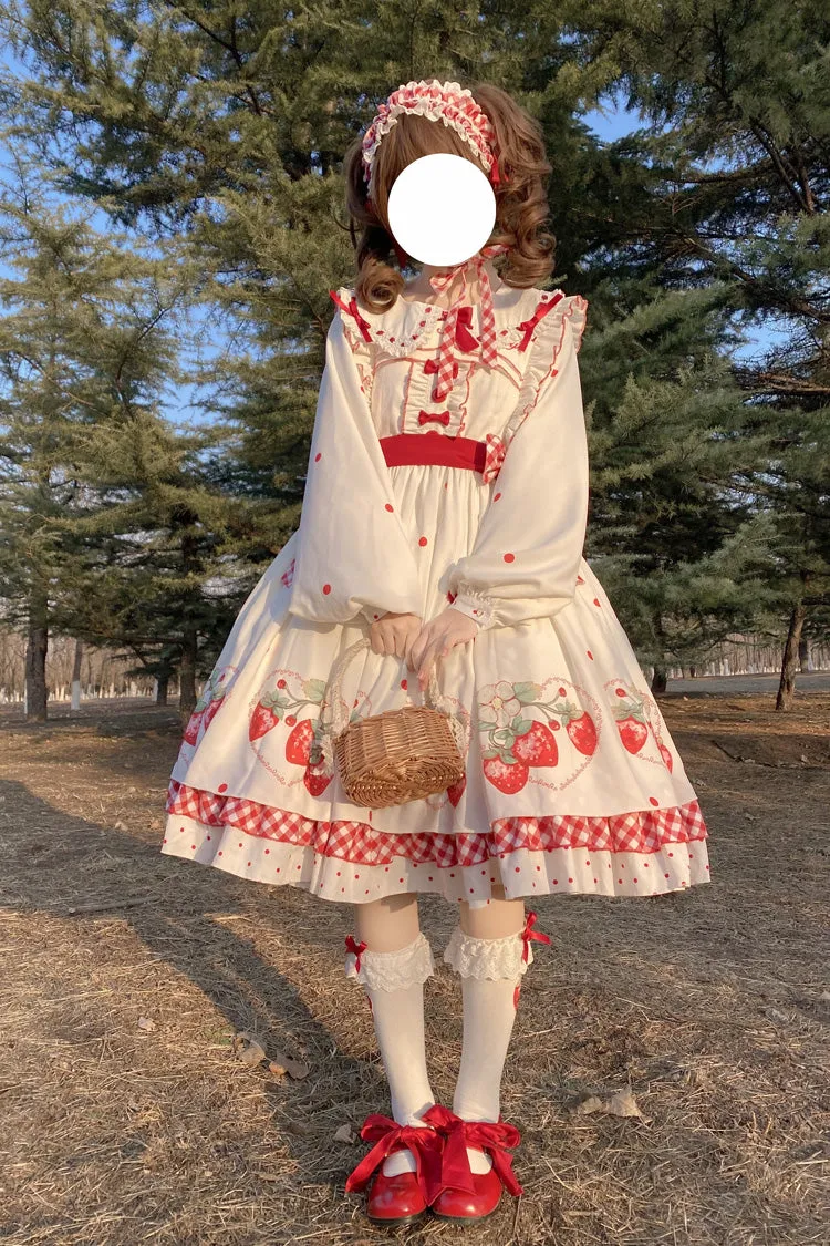 White Strawberry Print Ruffle Bowknot Sweet Lolita Dress Set