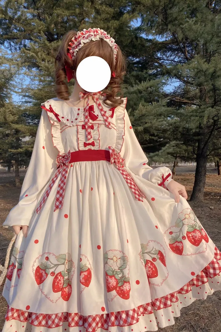 White Strawberry Print Ruffle Bowknot Sweet Lolita Dress Set