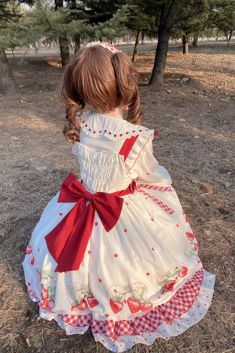 White Strawberry Print Ruffle Bowknot Sweet Lolita Dress Set