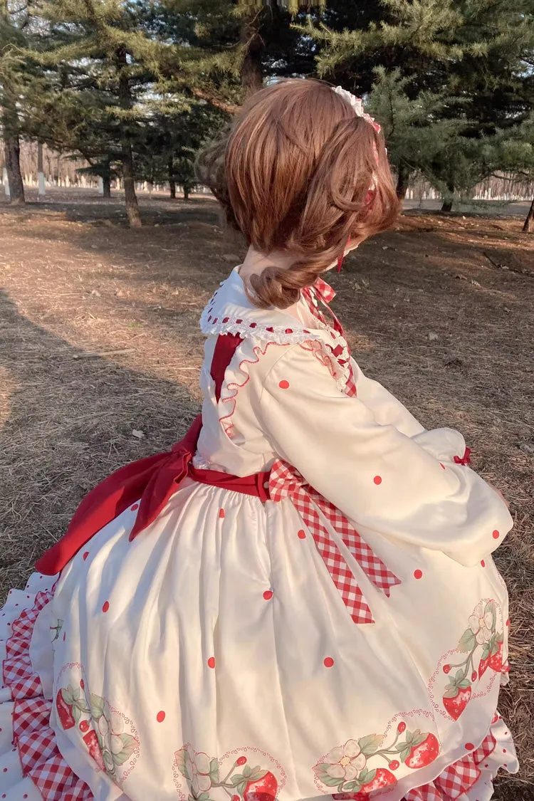 White Strawberry Print Ruffle Bowknot Sweet Lolita Dress Set