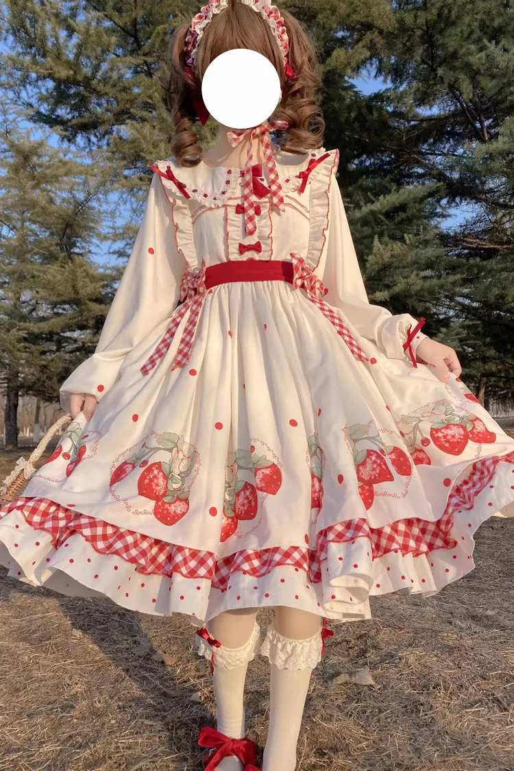 White Strawberry Print Ruffle Bowknot Sweet Lolita Dress Set