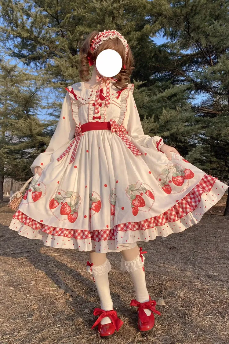 White Strawberry Print Ruffle Bowknot Sweet Lolita Dress Set
