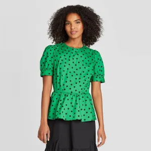 Who What Wear Women's Polka Dot Puff Short Sleeve Peplum Blouse 78325958