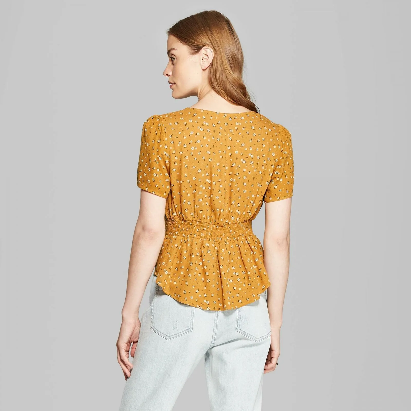 Wild Fable Floral Print Short Sleeve V-Neck Button Front Peplum Top