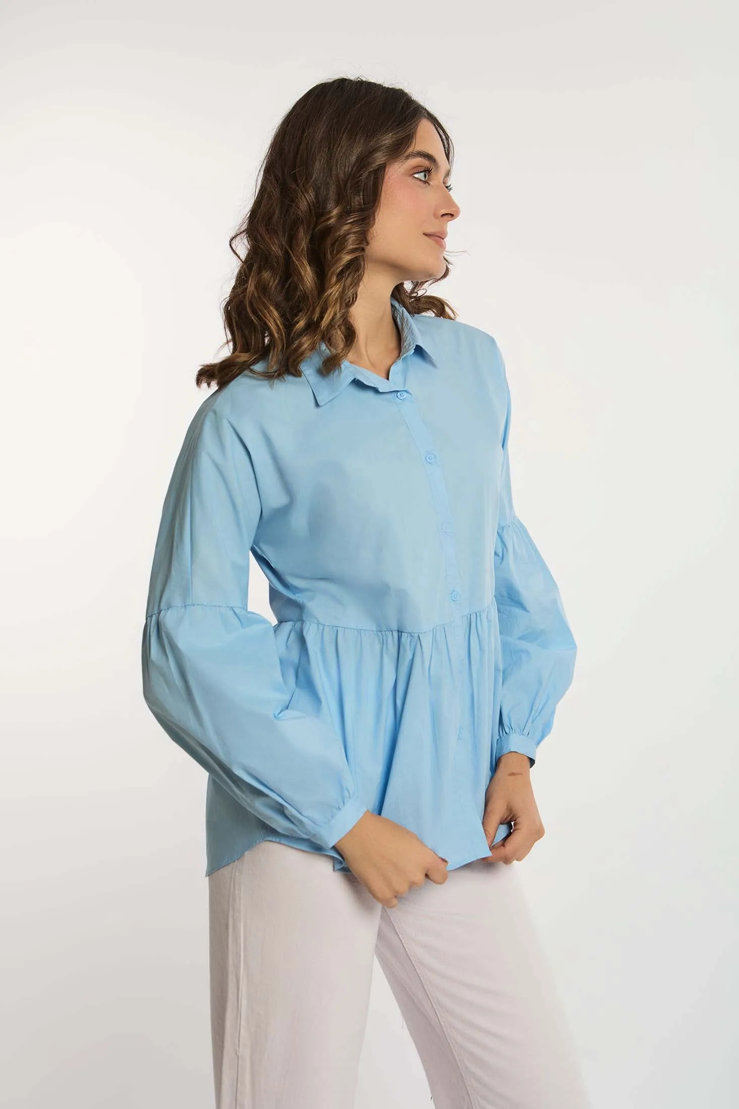 Women Blouse Peplum Long Sleeves Blue
