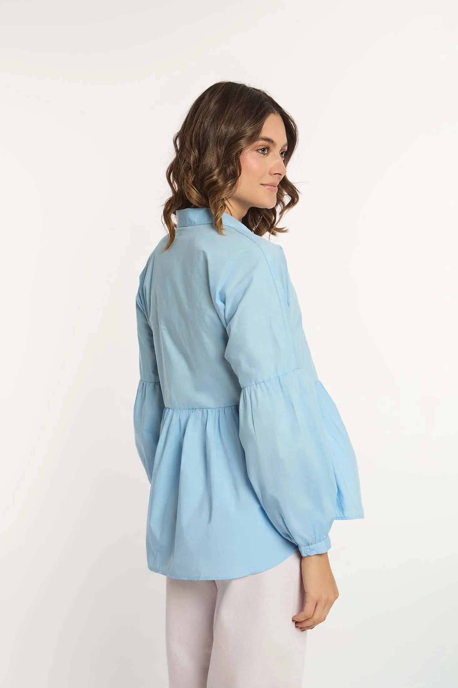 Women Blouse Peplum Long Sleeves Blue
