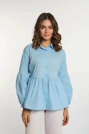 Women Blouse Peplum Long Sleeves Blue