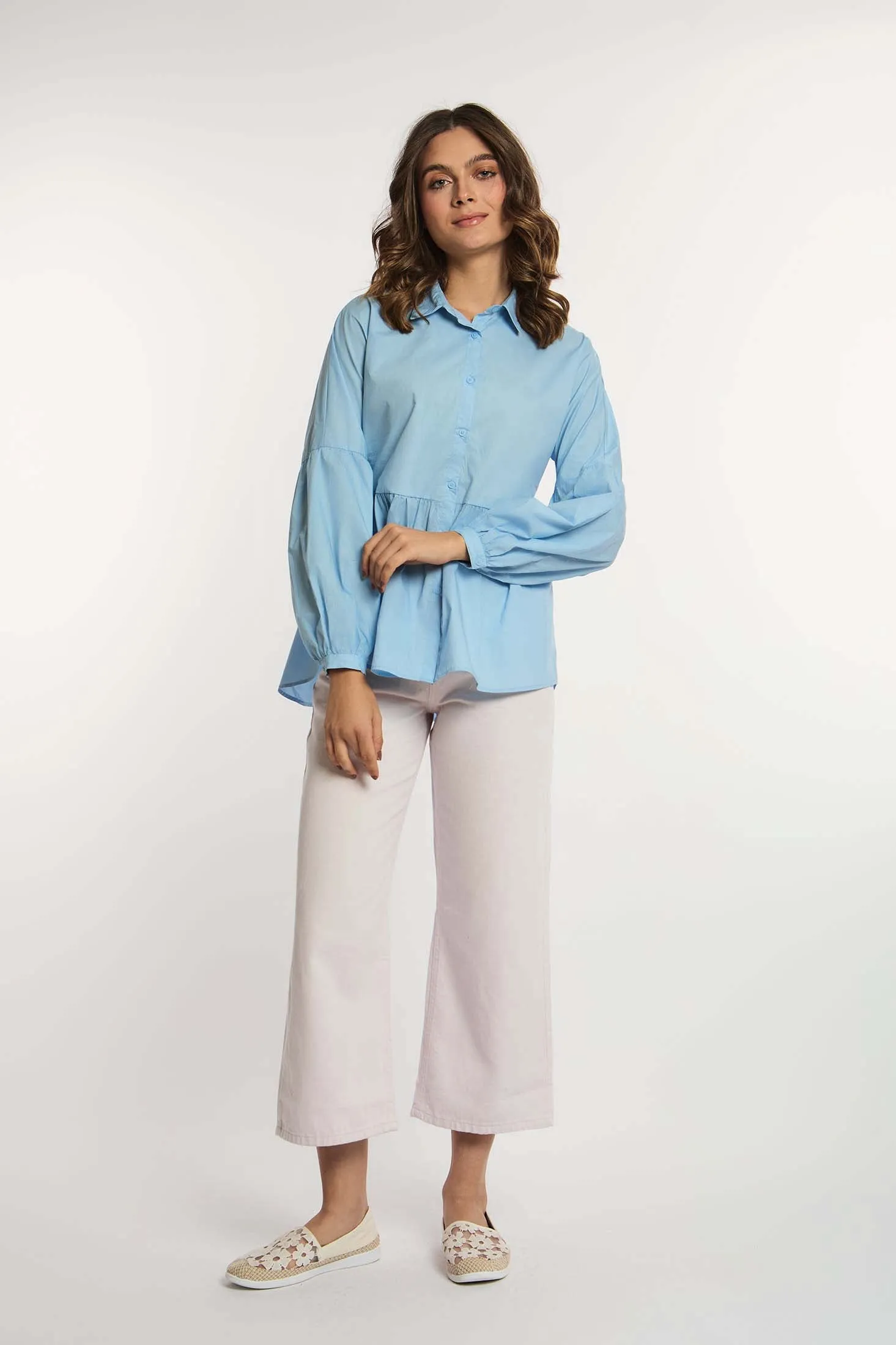 Women Blouse Peplum Long Sleeves Blue