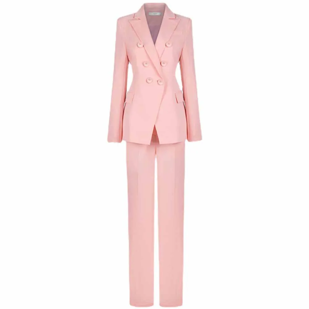 Women Pantsuits Fitted Blazer   Mid-High Waist Trousers Suit in Pink, Black Color