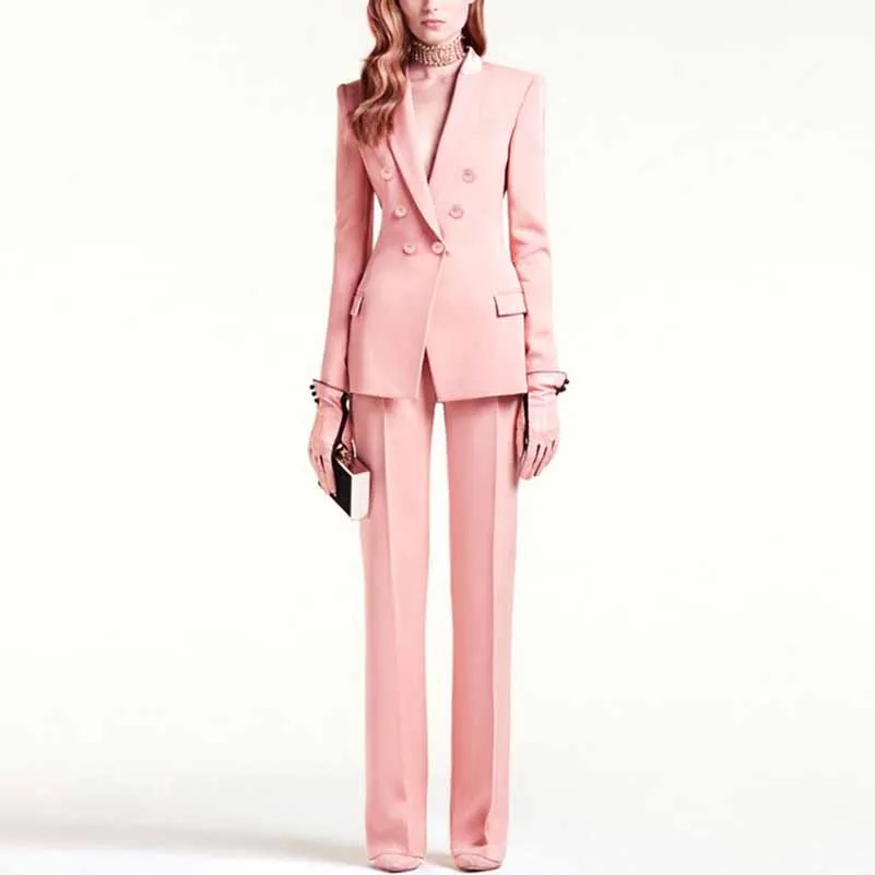 Women Pantsuits Fitted Blazer   Mid-High Waist Trousers Suit in Pink, Black Color
