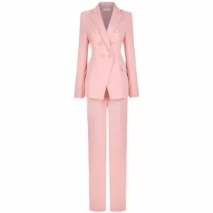 Women Pantsuits Fitted Blazer   Mid-High Waist Trousers Suit in Pink, Black Color