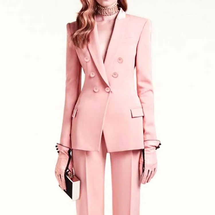 Women Pantsuits Fitted Blazer   Mid-High Waist Trousers Suit in Pink, Black Color