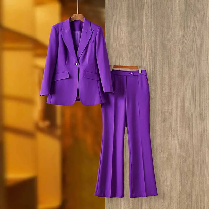 Women Purple Pantsuit Fitted Blazer   Mid-High Rise Trousers Pantsuit Suit Party Wear