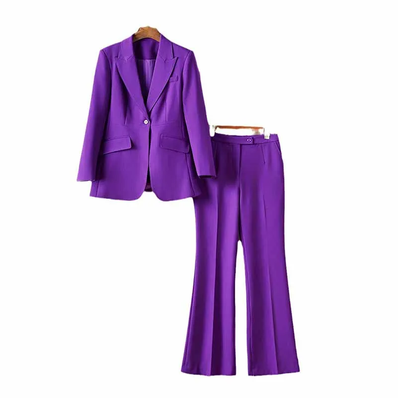 Women Purple Pantsuit Fitted Blazer   Mid-High Rise Trousers Pantsuit Suit Party Wear