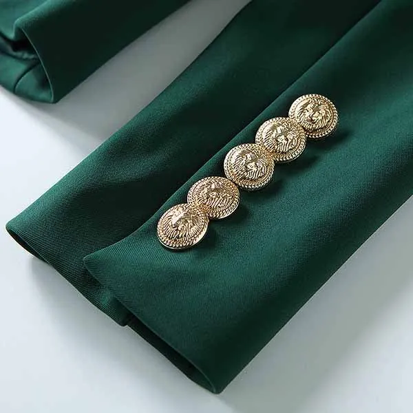 Women's Blackish Green Lion Buttons Fitted Blazer Jacket
