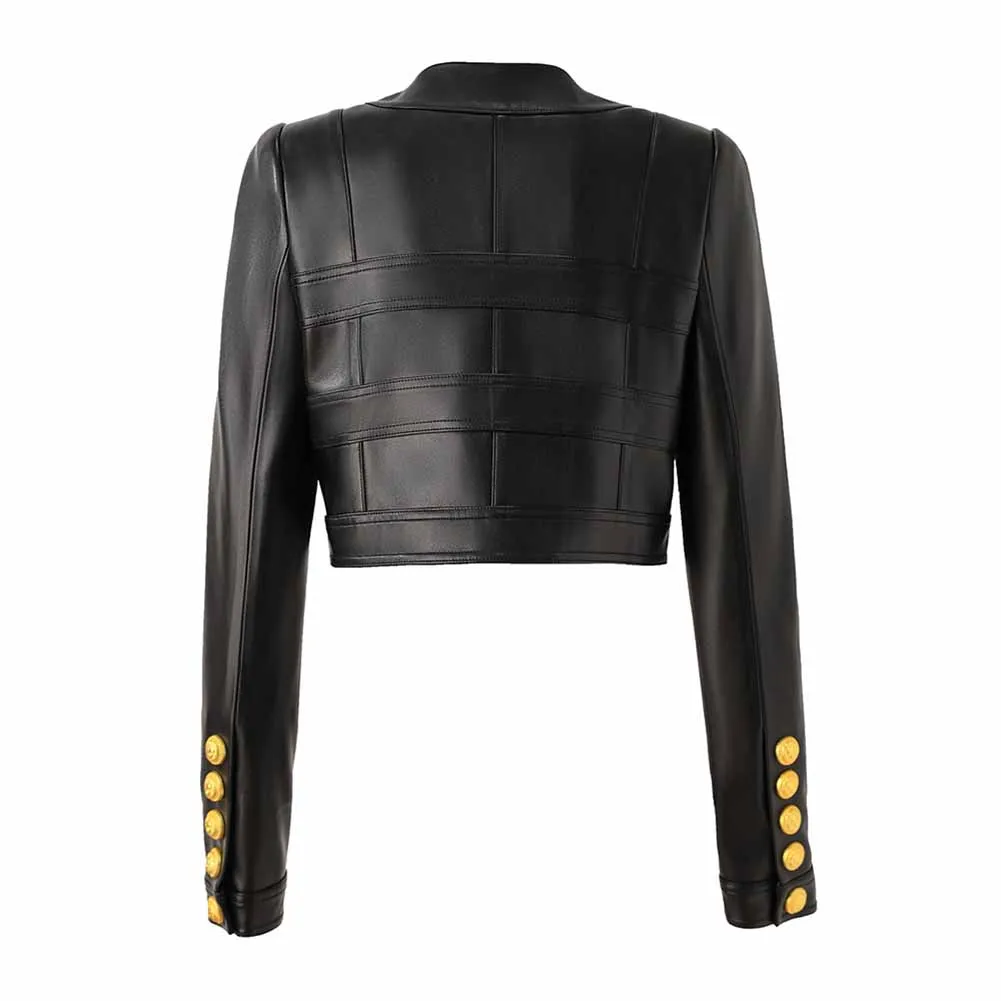 Women's Fitted Faux Leather Golden Lion Buttons Short Crop Jacket