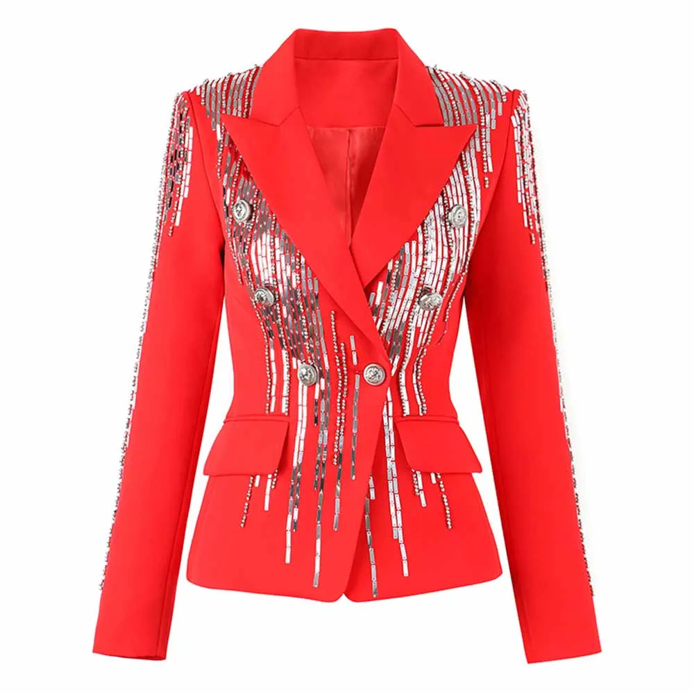 Women's Jewellry Embroidery Silver Lion Buttons Fitted Blazer Jacket Black & Red