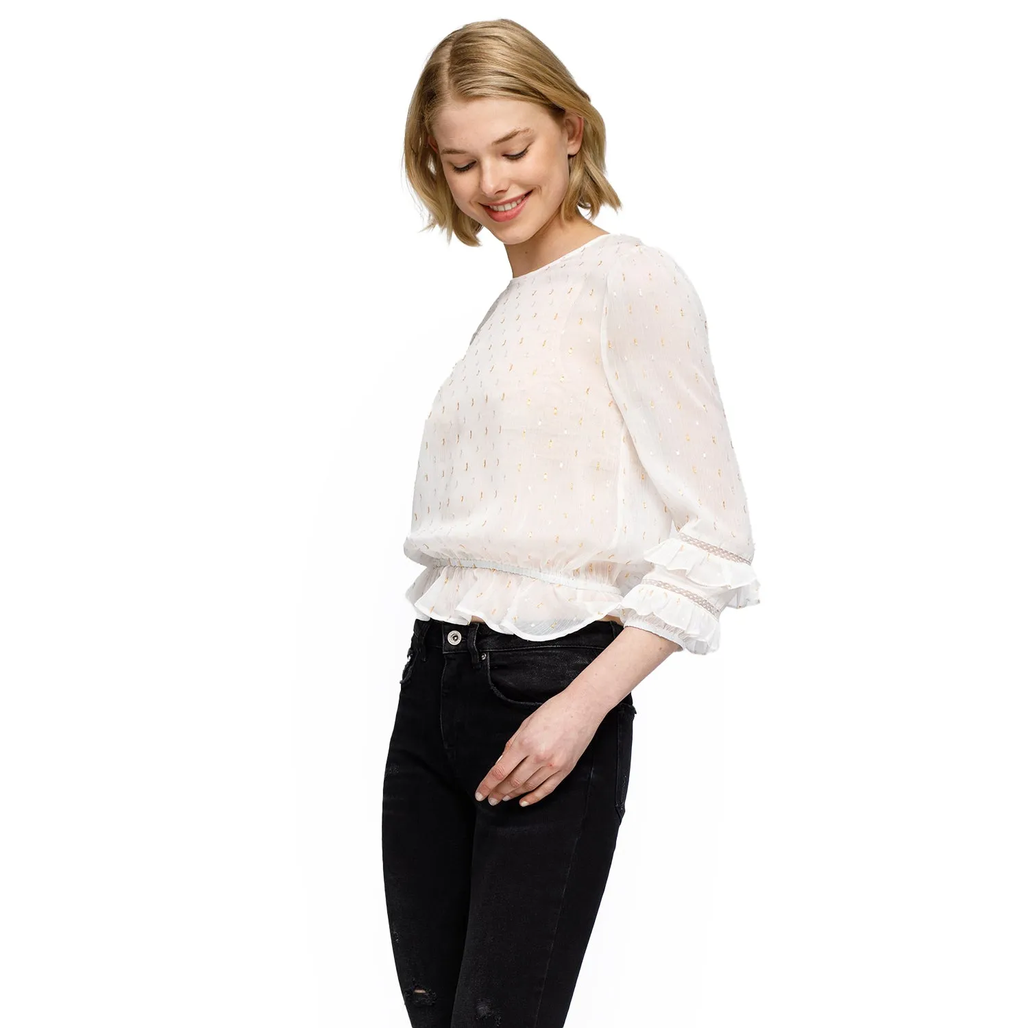 Women's Lace Inset Ruffle Blouse In White