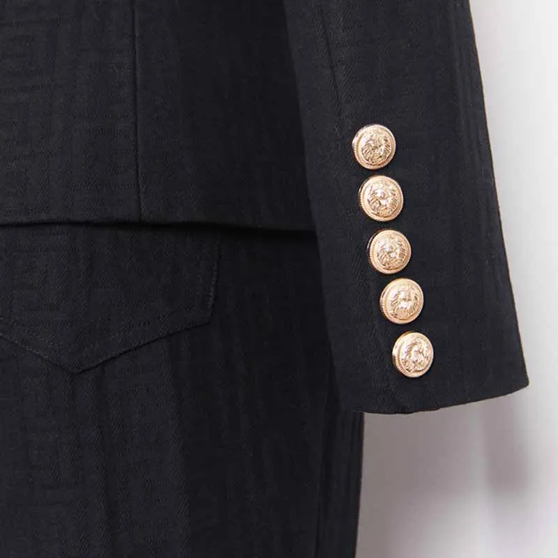 Women's Pantsuit Gold Button Tie Belt Double Breasted Two Pieces Jacquard Suit