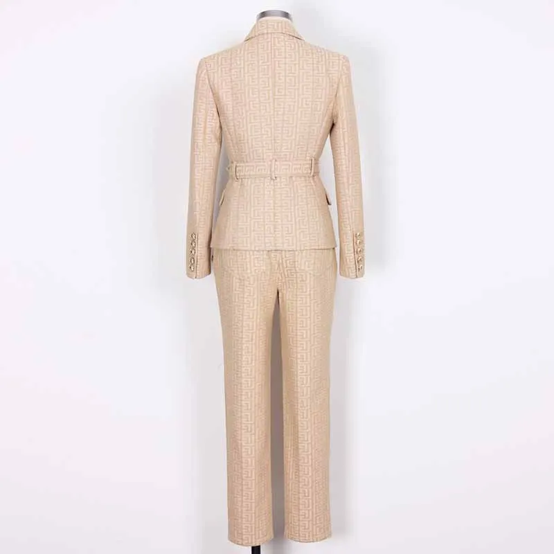 Women's Pantsuit Gold Button Tie Belt Double Breasted Two Pieces Jacquard Suit