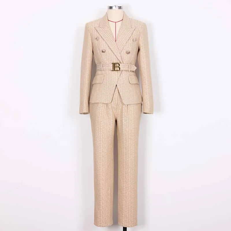 Women's Pantsuit Gold Button Tie Belt Double Breasted Two Pieces Jacquard Suit
