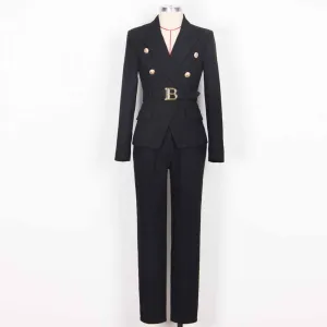 Women's Pantsuit Gold Button Tie Belt Double Breasted Two Pieces Jacquard Suit
