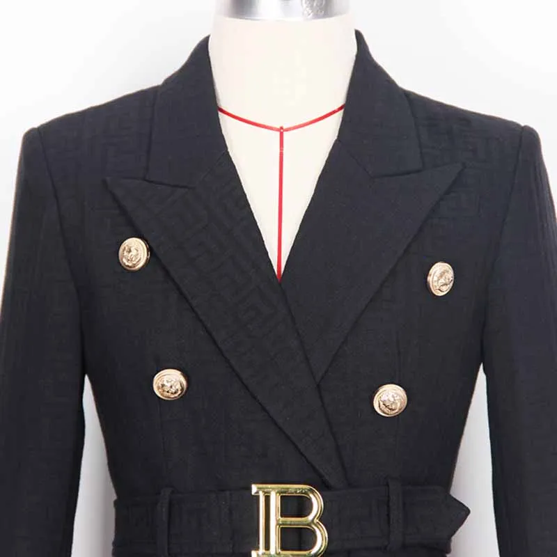 Women's Pantsuit Gold Button Tie Belt Double Breasted Two Pieces Jacquard Suit