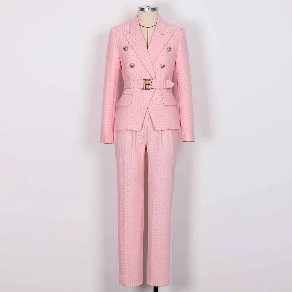 Women's Pantsuit Gold Button Tie Belt Double Breasted Two Pieces Jacquard Suit