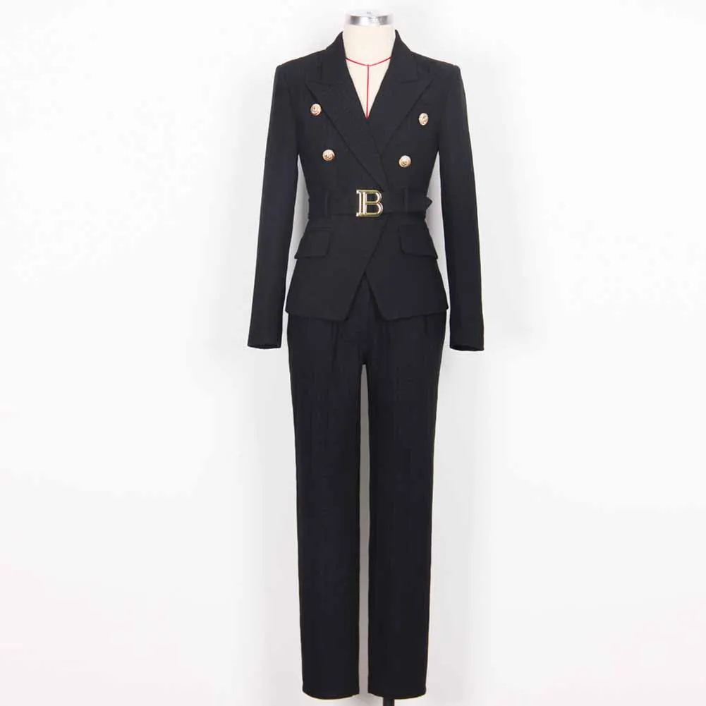 Women's Pantsuit Gold Button Tie Belt Double Breasted Two Pieces Jacquard Suit