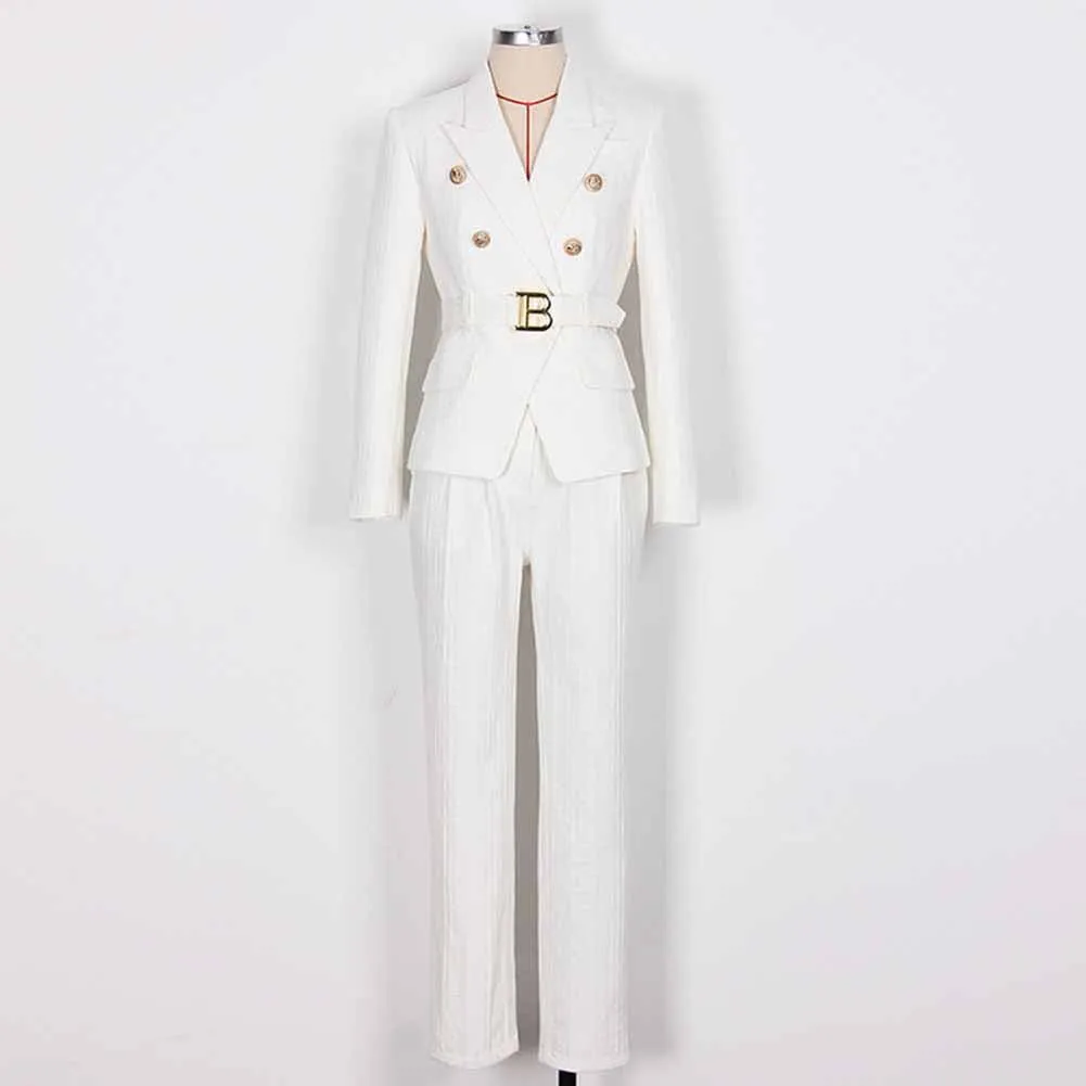 Women's Pantsuit Gold Button Tie Belt Double Breasted Two Pieces Jacquard Suit