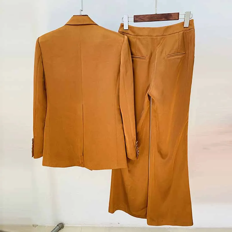 Women's Rust Pantsuit Double Breasted Button Blazer   Wide Trousers