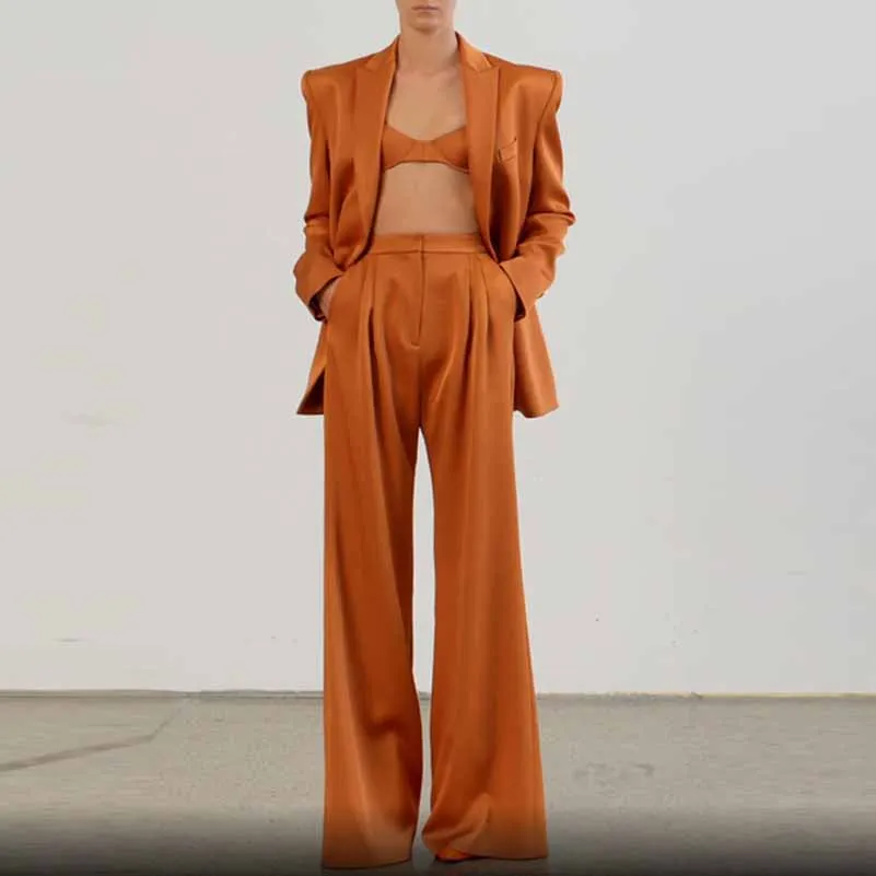Women's Rust Pantsuit Double Breasted Button Blazer   Wide Trousers