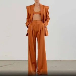 Women's Rust Pantsuit Double Breasted Button Blazer   Wide Trousers