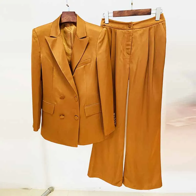 Women's Rust Pantsuit Double Breasted Button Blazer   Wide Trousers