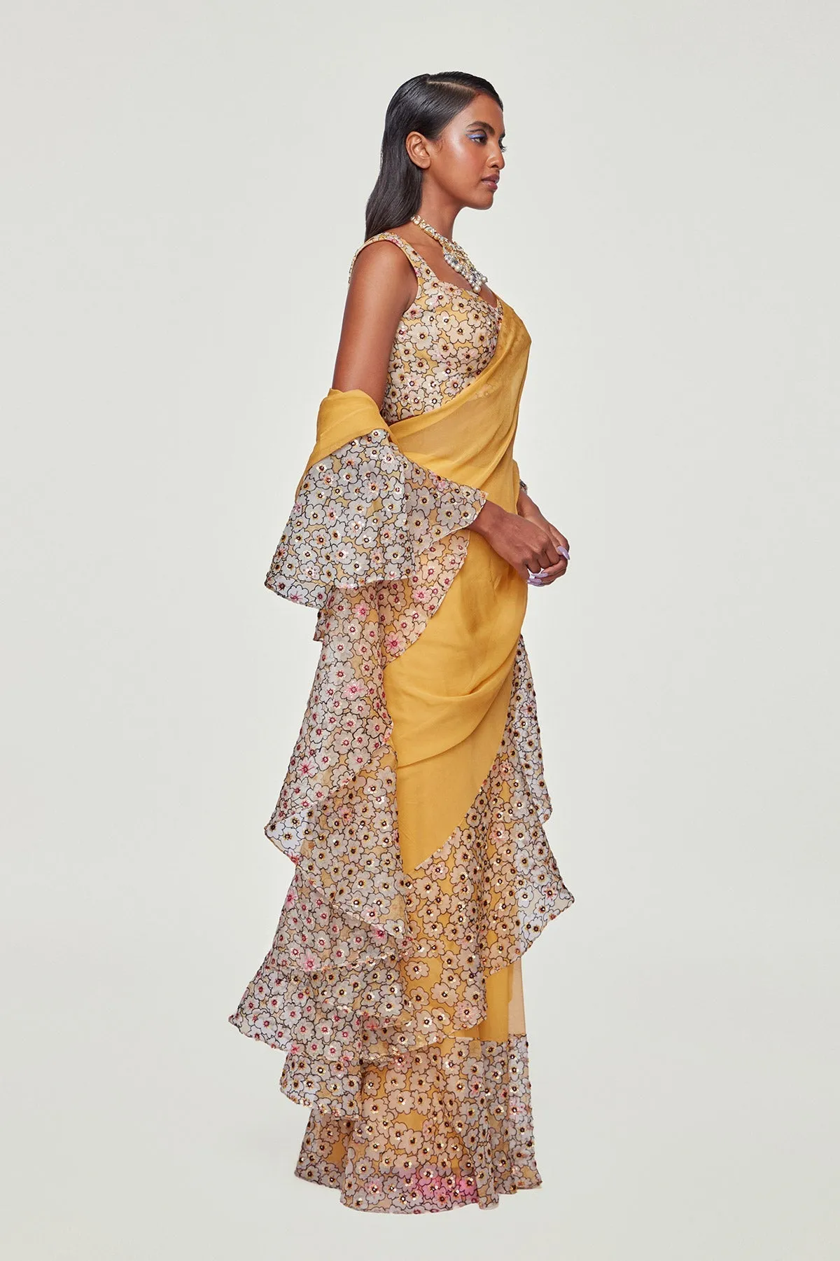 Yellow Divergence Organza Printed and Embellished Ruffle Saree And Blouse.
