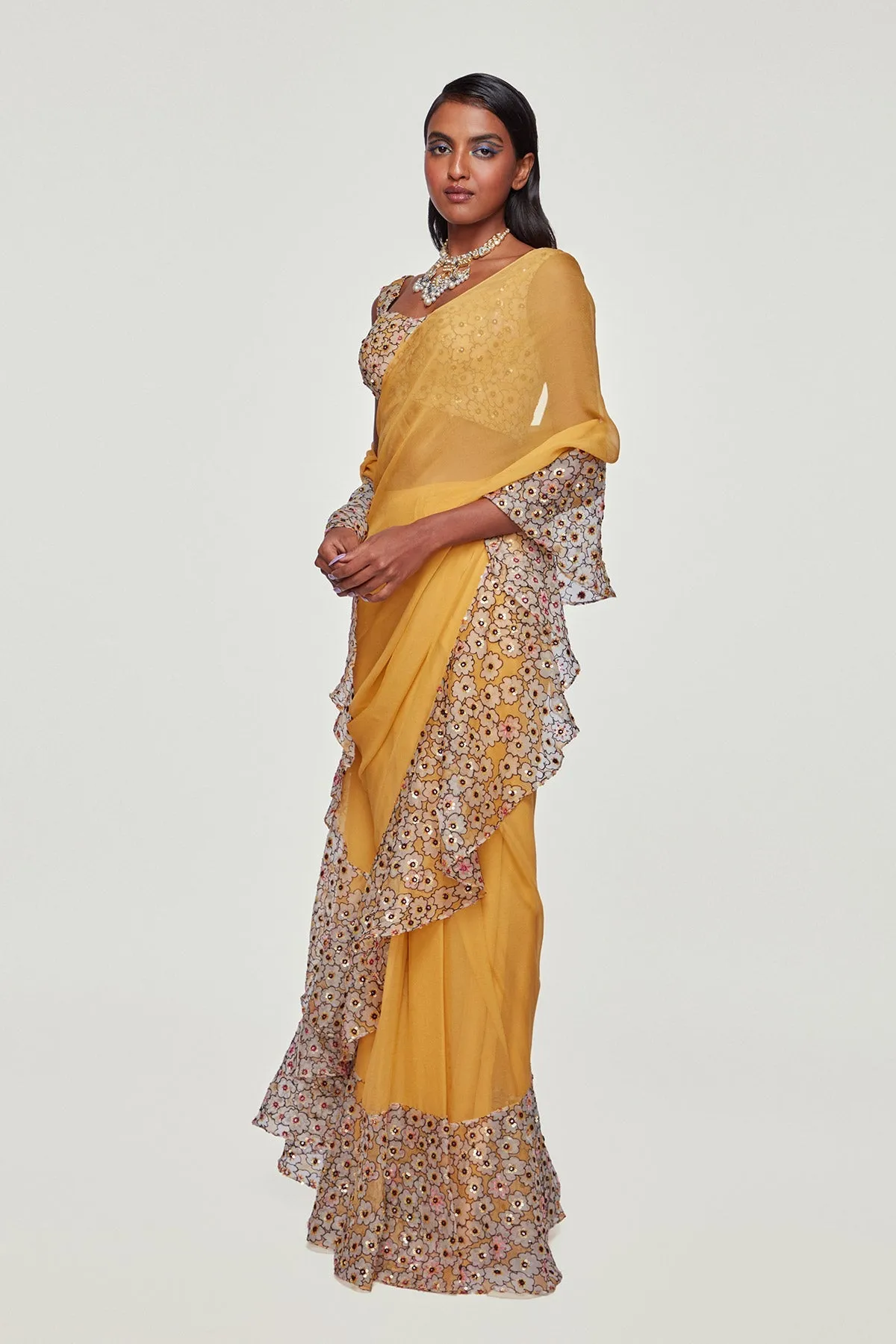 Yellow Divergence Organza Printed and Embellished Ruffle Saree And Blouse.